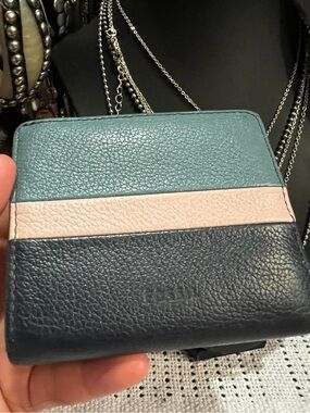 Tri-Color Fossil Leather Wallet - Blue, Teal & Blush